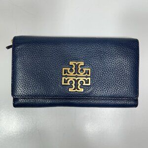 Tory Burch Britten Envelope Wallet Navy Blue Pebble Leather & Gold Hardware Logo